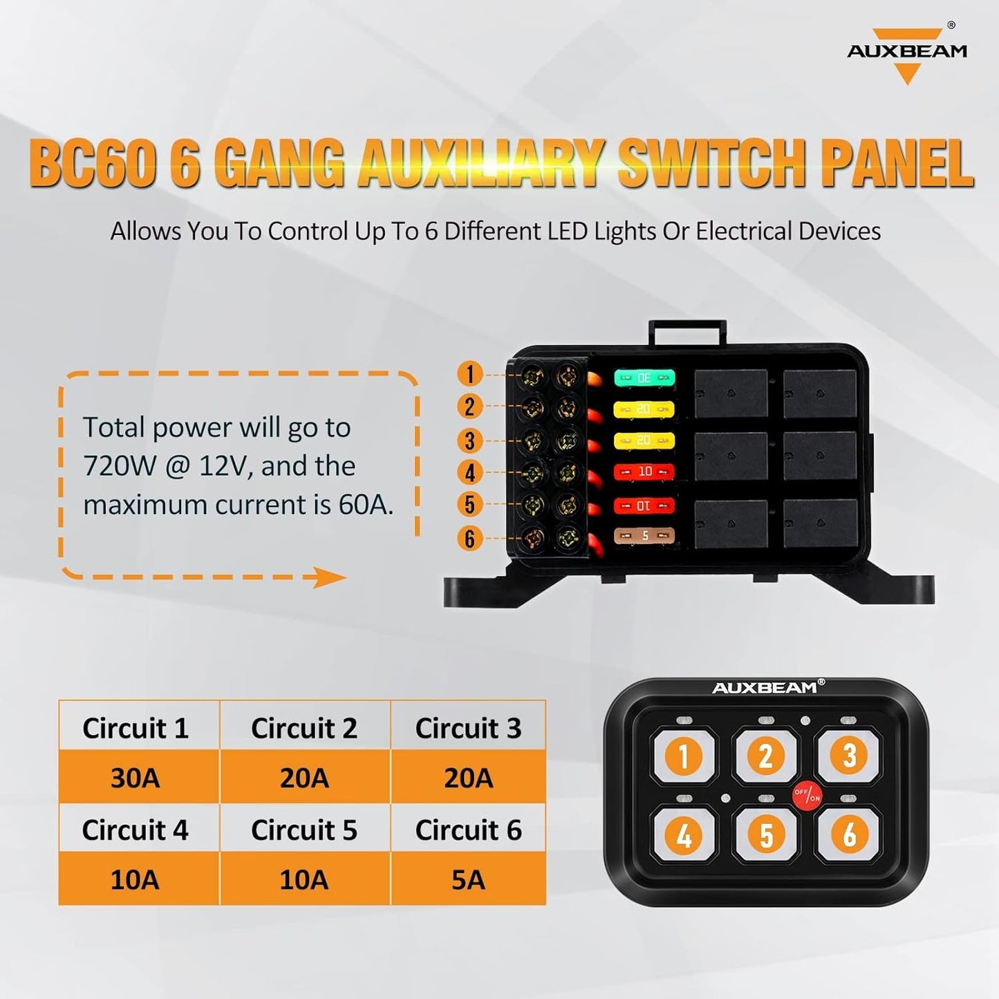 Auxbeam 6 Gang Switch Panel BC60, Universal Circuit Control Relay System Box with Automatic Dimmable On-Off LED Switch Pod Touch Switch Box for Car Pickup Truck UTV ATV Boat, 2 Years Warranty, Blue
