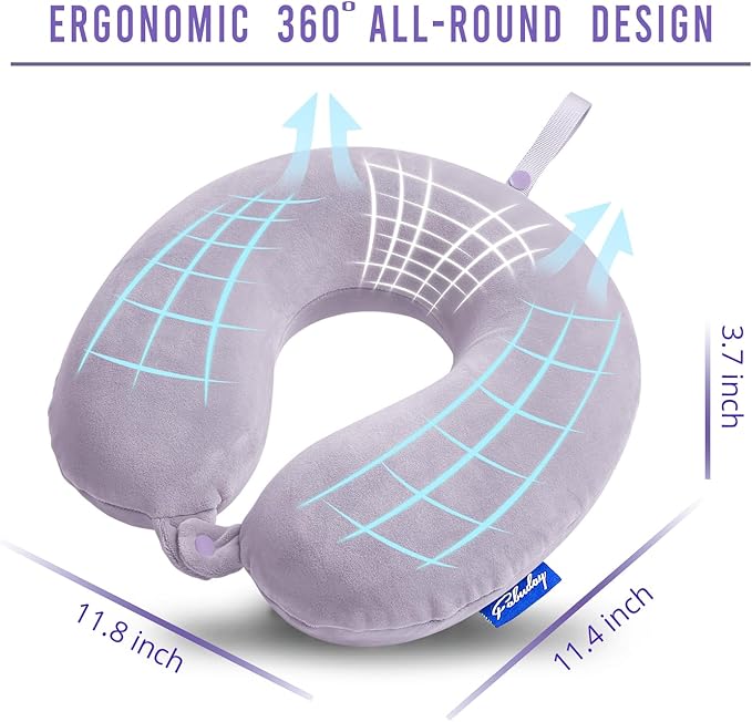 Travel Pillow Memory Foam for Airplanes - Neck Pillow for Traveling, Car, Home, Flight Pillow for Sleeping with Attachable Snap Strap Soft Washable Cover, Provide Head Neck Support Rest, Gray Purple