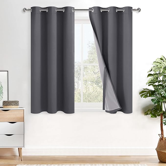 XWZO 100% Blackout Curtains 45 Inches Long with Tiebacks- Privacy Protection & Noise Blocking Window Draperies Grommet Top with Black Liner for Bedroom/Living Room, Dark Grey, W42 x L45, Set of 2