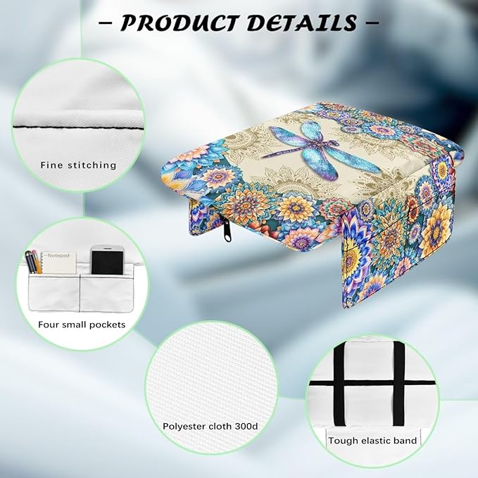 Dreaweet Boho Dragonfly Car Center Console Cover Thick Comfortable Console Console Armrest Pad Universal Arm Rest Cover for Car SUV Truck Sedan Armrest Storage Box Cover Pad