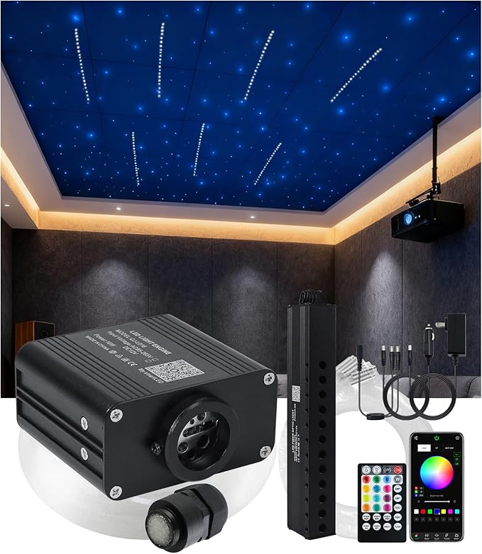Starlight Headliner Kit 600 Piece Twinkle 0.03in(6.5ft/2m) with White Meteor Fiber Optic Light Kits Car Roof Lights RGBW Music Activated/APP Control Star Lights for Car Theater Game Bed Room Ceiling