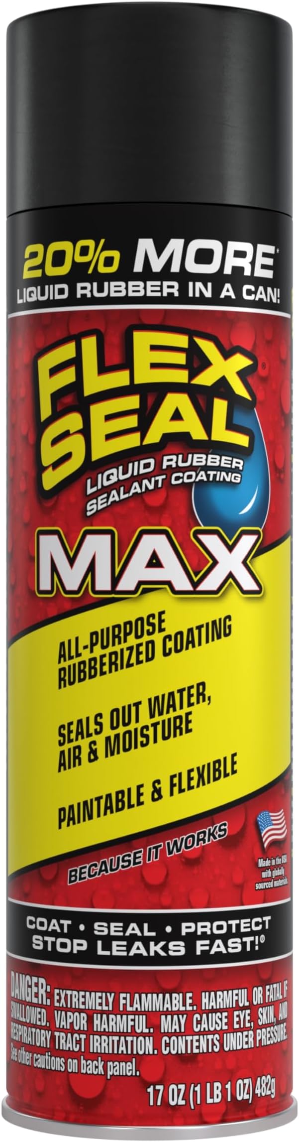 Flex Seal MAX, 17 oz, 1-Pack, Black, Stop Leaks Instantly, Waterproof Rubber Spray On Sealant Coating, Perfect for Gutters, Wood, RV, Campers, Roof Repair, Skylights, Windows, and More