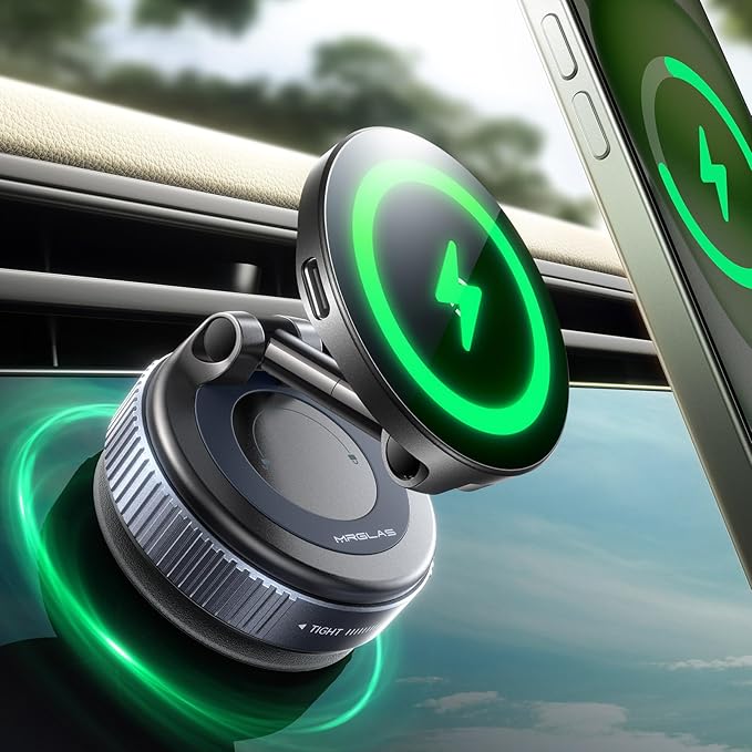 MRGLAS 2026 Upgraded for iPhone MagSafe Car Mount Charger,15W Fast Charging Wireless Car Charger with Stronger Magnetic & Suction, Hands-Free Phone Holder for iPhone 17/16/15/14/13/12 Pro Max