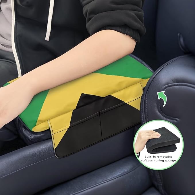 Auto Center Console Pad, Non-Slip Armrest Seat Box Cover, Car Interior Accessories, Jamaican Flag Auto Armrest Cover Protector for Vehicle, SUV, Truck