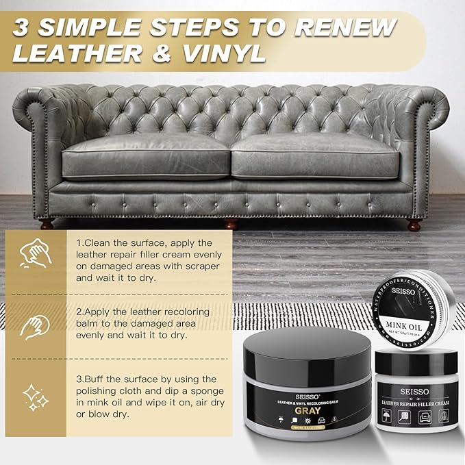 SEISSO Leather Repair Kit for Furniture, Gray Vinyl Repair Kit with Mink Oil Car Interior Leather Recoloring Balm for Scratches, Fading Shoes, Car Seat, Sofa