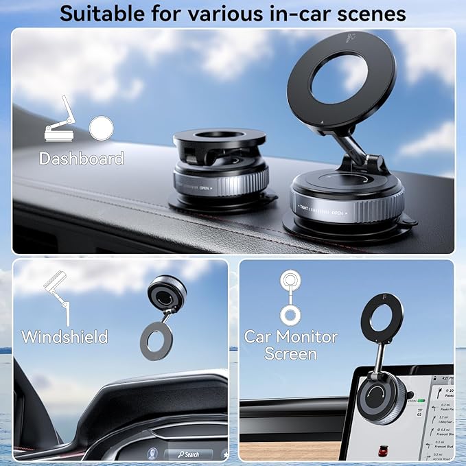 CloudValley Magnetic Car Phone Mount, [Compatible with MagSafe] 360° Adjustable Foldable Holder for Dashboard, 80LBS Suction & 2800gf Magnet, Car Accessories for iPhone 17/16 Pro Max 15 14, Black