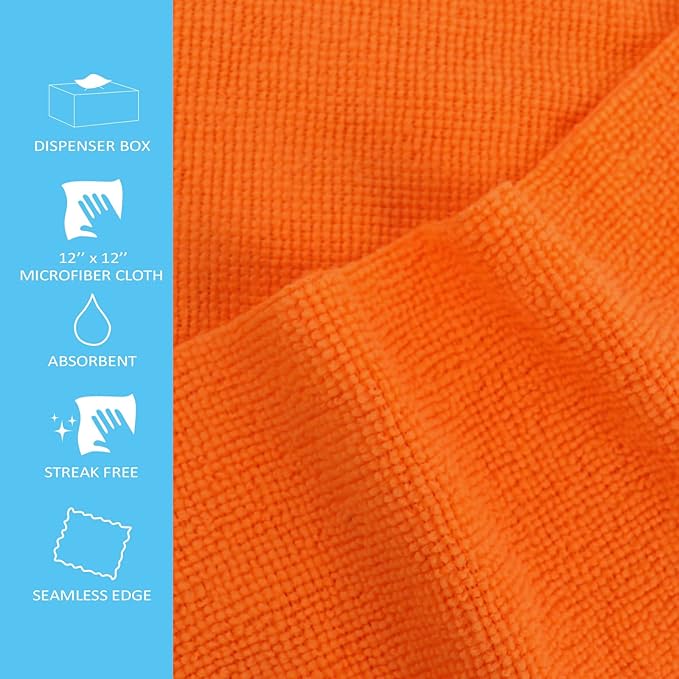 Tricol Clean 50PK Profesional Resuable Lint Free Microfiber Edgeless Cleaning Cloth Cleaning Rags,Absorbent Microfiber Wipes for Housekeeping, Car Cleaning (12 * 12 Inches) (orange1)