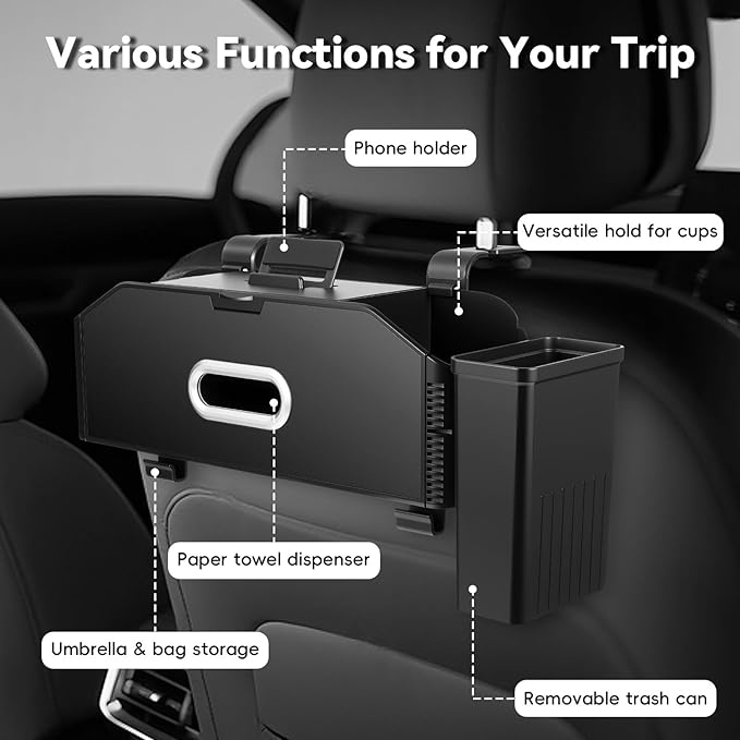 7-In-1 Car Seat Back Organizer with Cup Holders, Tissue Box, Removable Trash Can & Hooks, Multifunctional Car Seat Back Storage Box, Extra Headrest Cup Holder for Backseat (Black02)