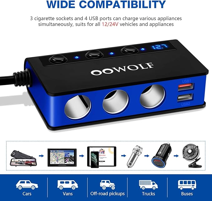 OOWOLF 7 in 1 180W Quick Charge 3.0 Cigarette Lighter Adapter, with Cigarette Lighter Function, for 12V-24V Car, 3-Socket Splitter, 4 USB Ports Car Power Adapter for GPS, Dash Cam, Phone, Tablet etc