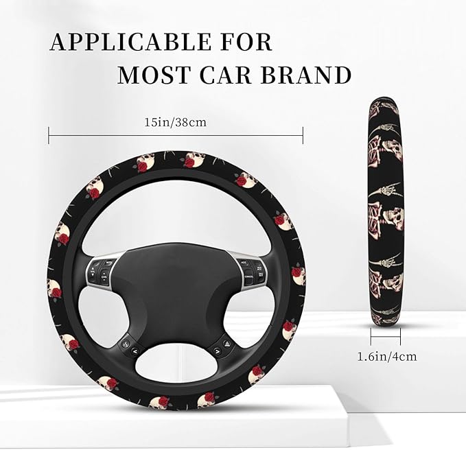 Hippie Skeleton Steering Wheel Cover Women, Comfortable Elastic Steering Car Wheel Cover Fit 15 inches Universal Accessories Suvs Trucks Decor