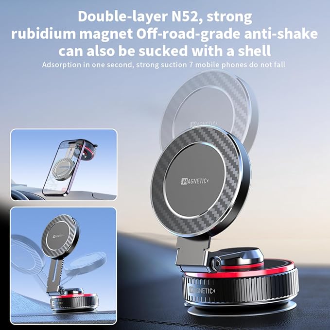 2026 Upgraded Vacuum Magnetic Mobile Phone Holder Cars for Magsafe Car Mount, Exclusive Metal Adjustable Telescopic Rod,Suction Cup Mobile Phone Holder for iPhone17 Pro Max 16 15 14 13 12 & Samsun