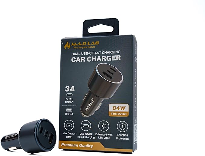 M.A.D Lab 84W Fast Car Charger USB C for Road Trips Family Travel, Smart Power Distribution & Overheat Protection, Dual 33W USB-C & 18W USB-A, Multi-Port for iPhone 16, iPad, Android, Galaxy and More