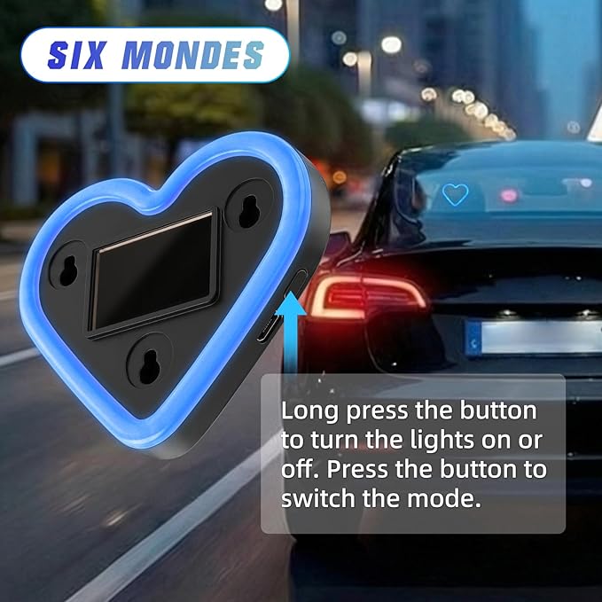 6 Lighting Modes Solar Powered Car LED Ambient Light, Rechargeable Wireless LED Heart Shape C-Pillar Neon Light, AutoGlow Solar Heart Light for Car Window Romantic Decor Surprising Gifts