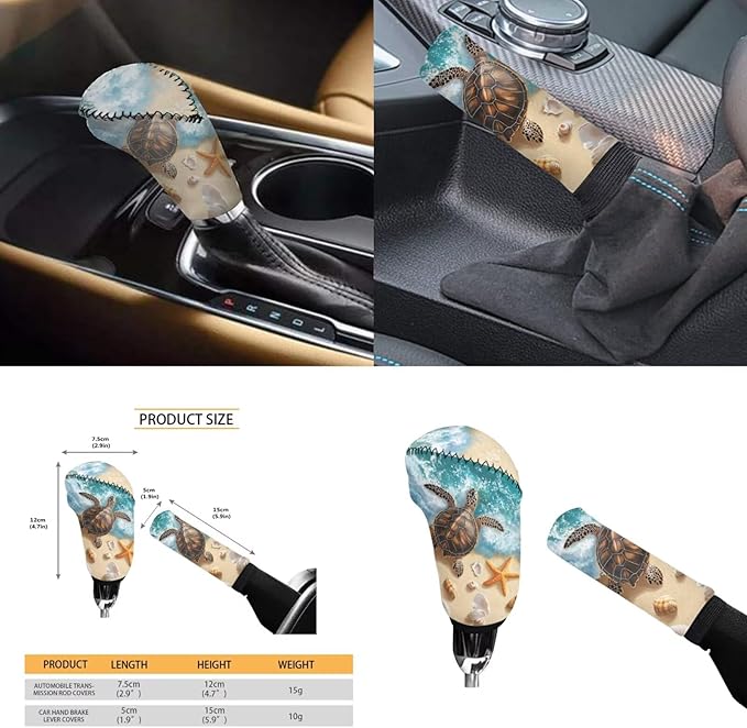 Sea Turtle Print Car Accessories for Men Women Cute Car Steering Wheel Cover Set 6 Pcs Handbrake Gear Cover Cup Coaster Suit for Most Cars Truck Vans SUV