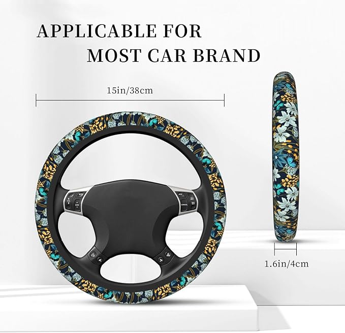 Floral Butterfly Blue Steering Wheel Cover for Women Elastic Rubber Steering Wheel Universal 15 Inch Fit for Cars, Auto, SUVs