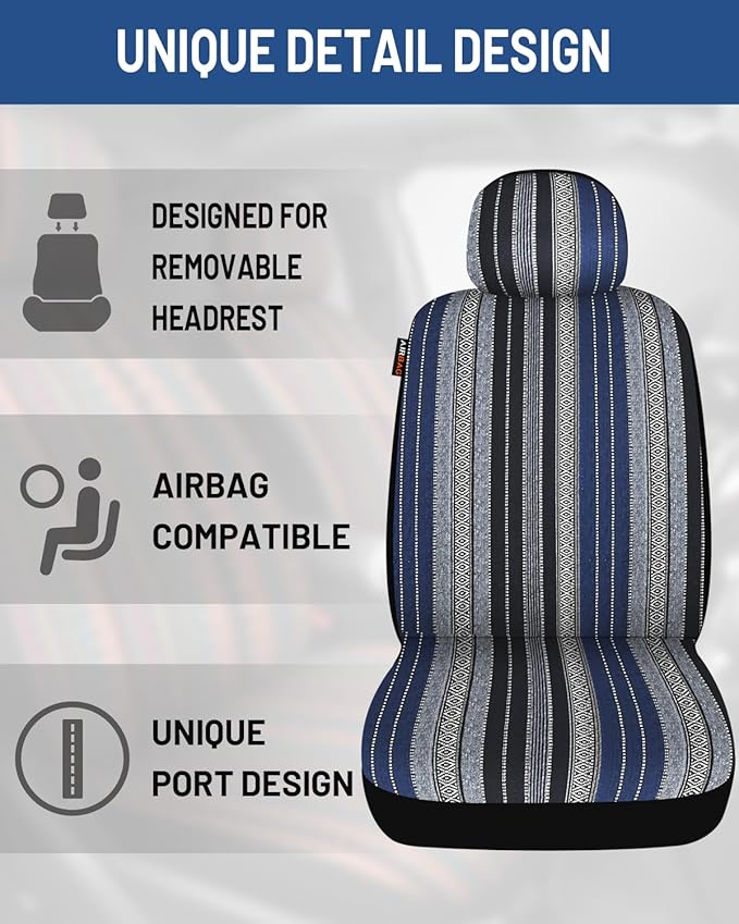 Baja Saddle Blanket Car Seat Covers Front Set with Seat Belt Pads, Washable Breathable Striped Woven Cloth Seat Covers for Cars, SUV, Truck, Airbag Compatible(Blue)