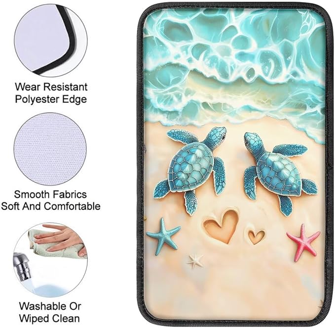 Suobstales Beach Turtle Starfish Heart Print Car Armrest Pad Soft Center Console Arm Rest Protector Cover Universal Car Interior Accessories Decoration