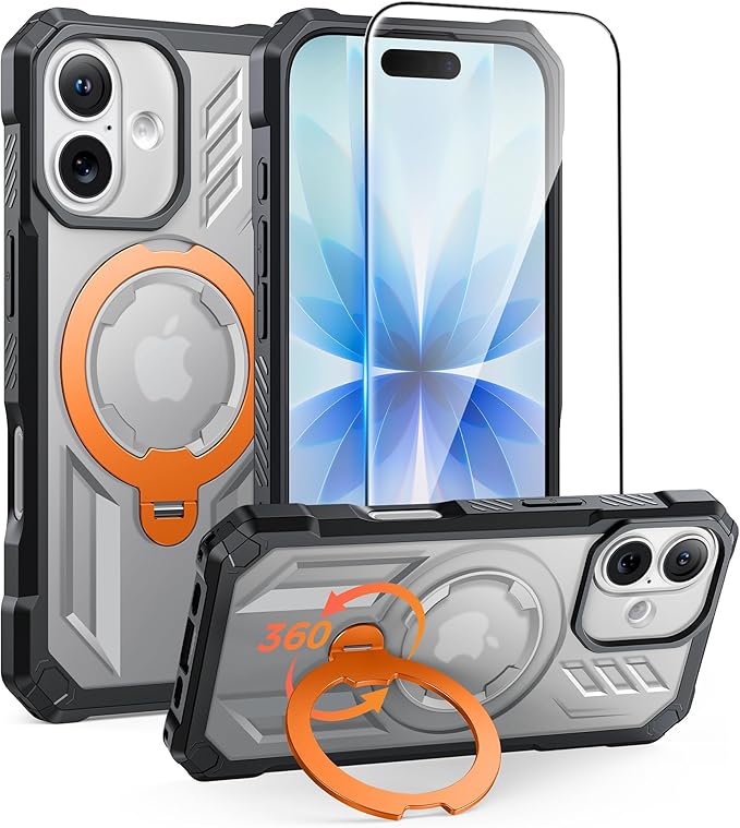 FNTCASE for iPhone 17 Phone Case: [360 Spin Magnetic Ring Kickstand] [Compatible for MagSafe] [Screen Protector] Heavy Duty Military Grade Protection Protective Phone Case with Stand Orange