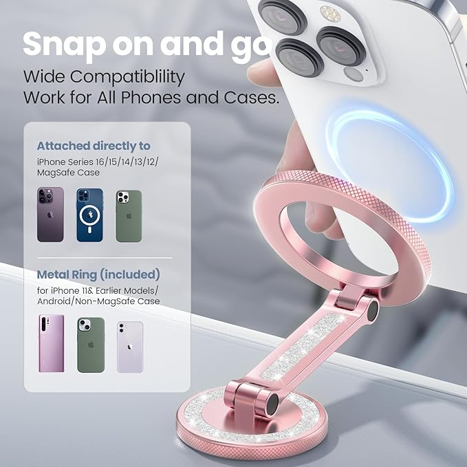 Pikabo Magnetic Phone Holder for Car Dashboard Phone Mount Holder Compatible with iPhone 17 Pro Max 16 15 14 13 12 MagSafe Accessories. (Glitter Pink)
