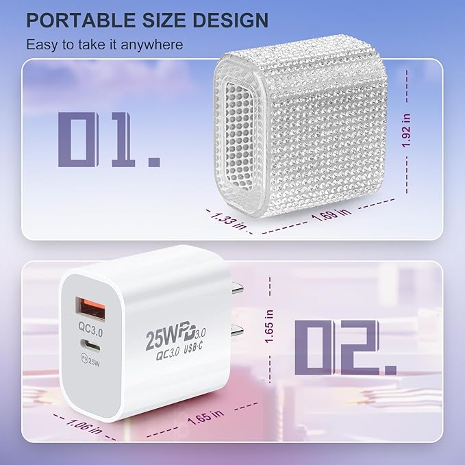 Aolcev for iPhone Charger Fast Charging Bling 2 in 1 USB A USB C Charger Block 25W Type C Fast Charging Blocks for iPhone 17 16 15 14 13 iPad Bling USB C Adapter for Galaxy S26 S25 Rhinestones Sliver