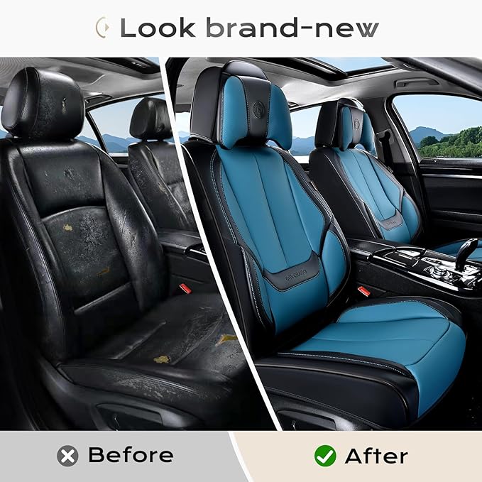 Coverado Seat Covers Full Set, 5 Seats Seat Covers for Cars, Waterproof Nappa Leather Car Seat Covers with Head Pillow, Seat Protectors Car Seat Cushion Universal Fit for Most Cars (Black&Blue)
