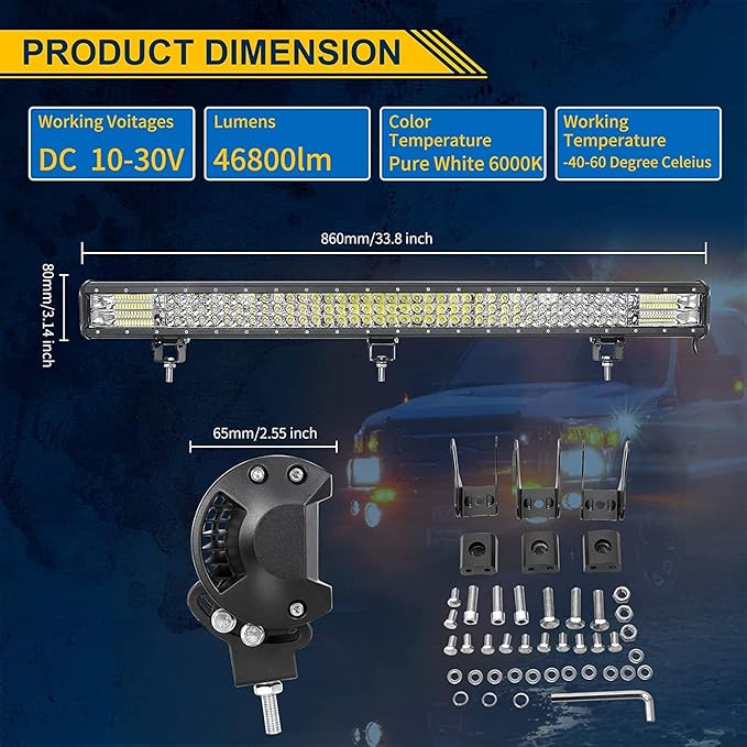 AUXTINGS 34 inch 468W LED Light Bar Triple Row Spot Flood Combo Beam Off Road Lights Waterproof Work Light with Wiring Harness for Jeep Trucks SUV ATV UTV Boat Lights, 12V 24V