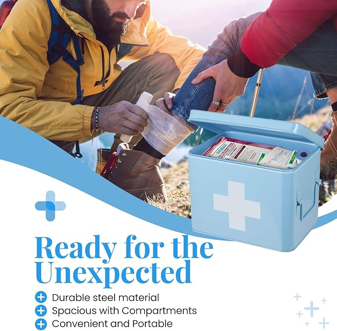 Flexzion First Aid Organizer, 8.5 Inch Blue Vintage Metal Kit Tin With Dividers, Removable Tray and Cross Logo - Empty Medical Storage Container