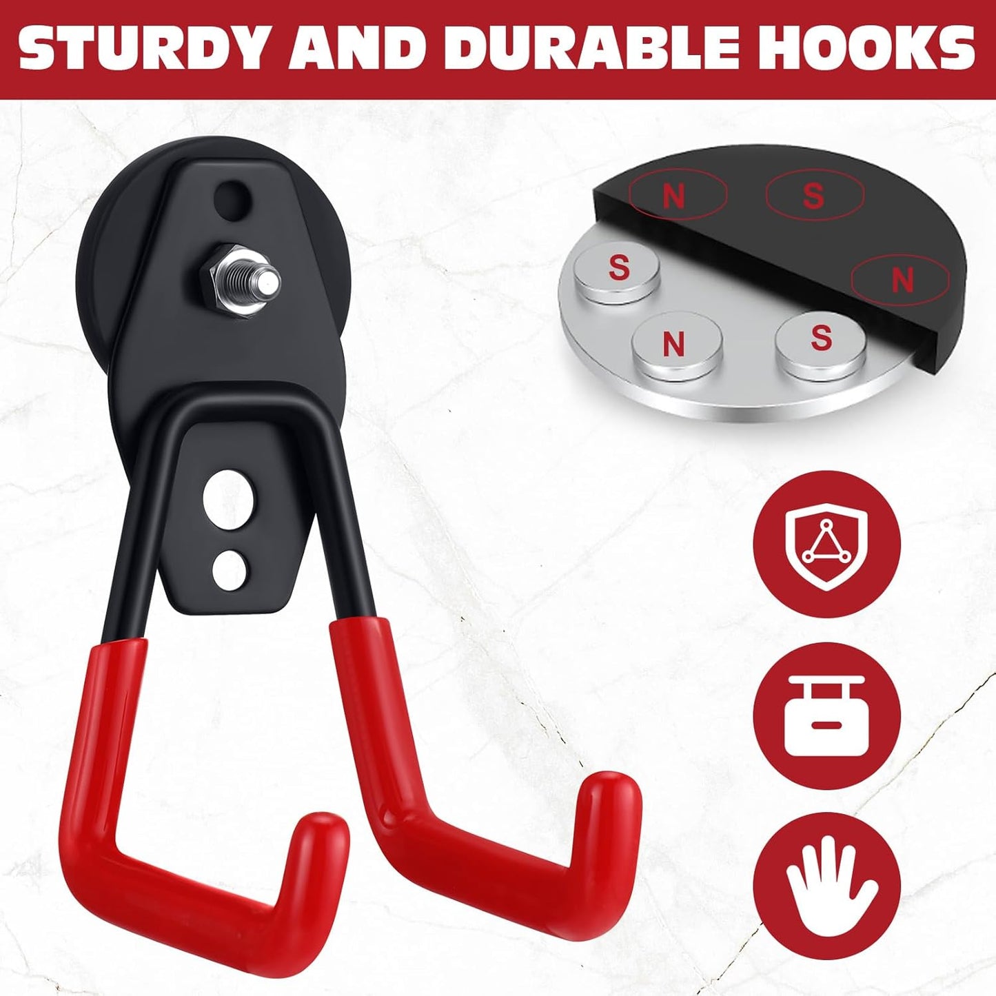 Landhoow Large Magnetic Hooks Heavy Duty Garage Magnet Hooks Strong Storage Utility Magnetic Hangers with Anti Slip Rubber Coating for Indoor and Outdoor Hanging(Red,4 Pcs)