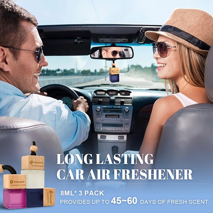 Car Air Freshener Hanging, 3 Pcs Cotton Fresh, Fresh Linen, Cardamom & Cedar, Car Scent Air Fresheners Diffuser for Car, 45+ days Long Lasting Fragrance, 0.27 FL OZ/8ML