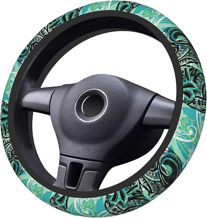 Hawaiian Sea Turtles Oceans Car Steering Wheel Cover for Women Men Stretch Cloth Anti-Slip Wrap Protector Case Fit Universal Auto Accessories Decor Sweat Absorption 14-15 Inch