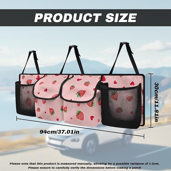 Strawberry Trunk Seat Organizer Back Seat Hanging Organizer for SUV, Sedan, Pink Trunk Oxford Cloth Bag, Equipped with Robust Elastic Net, Space Saving Expert