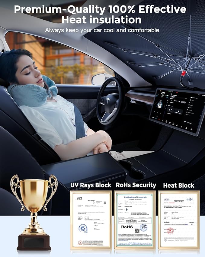 DMJN Umbrella Windshield Sun Shade - Large, Car Sunshade for Front Windshield [Nano Ice-Crystal Coatings] UPF50+ Heat & UV Block, Protect Interior & Keep Cooler Universal for Car, SUV, Truck