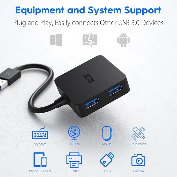 ICZI USB 3.0 Hub, 4 Ports USB Splitter Multiple Extender for Laptop, PC, MacBook, Mac mini, iMac, Surface Pro, Mobile HDD
