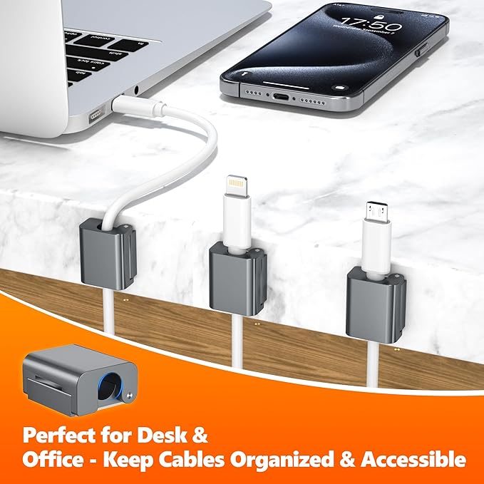 AGVEE 4 Pack Magnetic Cord Organizer Clips, 10mm Ultra-Thin Aluminum Cable Management Holder, 2 Pairs of Strong Magnets Keeper for Home Desk Office Gadgets Accessories, Residue-Free Tape, Dark Gray