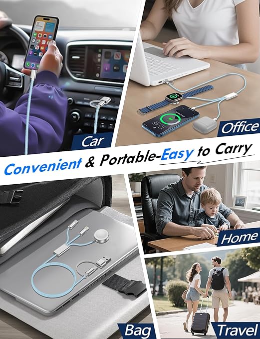 2 Pack Multi Charging Cable Cord for Travel Essentials,Apple Watch Charger,iPhone Charger,[3-in-2] Type C/L Cable Portable Designed for iWatch,iPhone 17-8,Galaxy S25-21,AirPods,iPad-4FT Blue