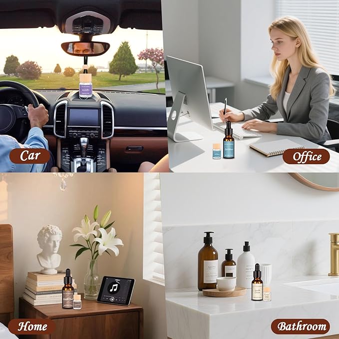 Car Air Freshener & Refill Set, 4-Scent Hanging Air Freshener Diffuser - Each(8ml +20ml Refills), Natural Essential Oil Diffuser With Refill Bottles, Reusable Car Fragrance Decor Accessories(8 Pack)