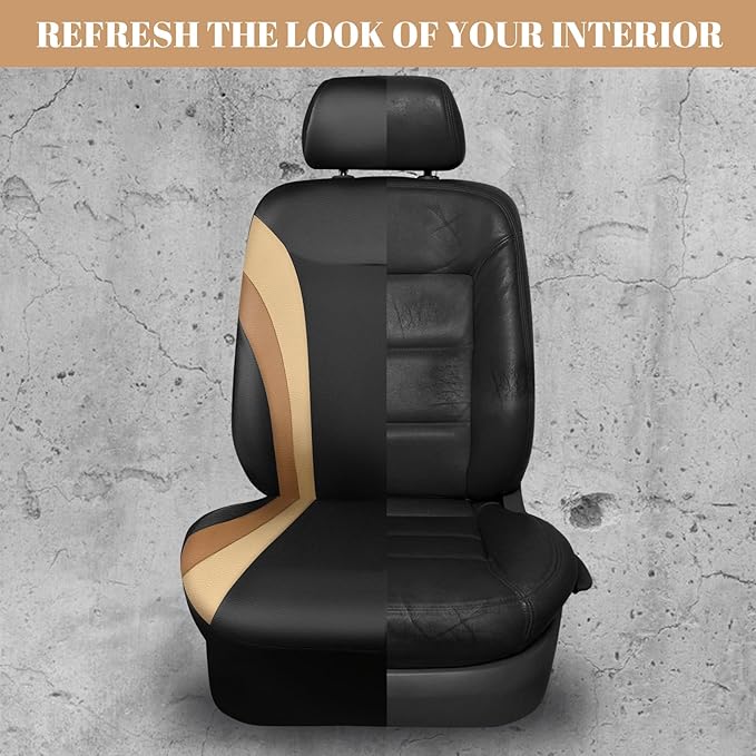 CAR PASS Line Rider Leather Car Seat Covers Sporty Car Seat Covers Full Set,5mm Composite Sponge,Airbag Compatible,Universal Fit 95% Automotive SUV Sedan(Black Beige)