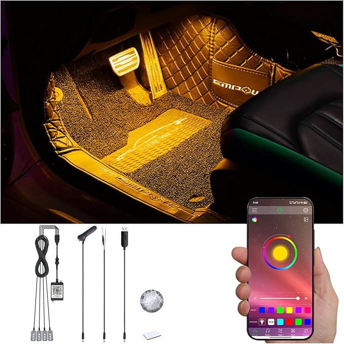 Car Ambient Lighting with Bluetooth App Control 64 Colors Multicoloured Music Interior Footwell Lighting Kit DC 12V 1W