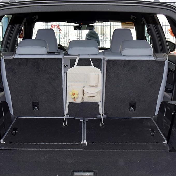 Car Seat Back Storage Organizer Bag, Multifunctional Leather Backseat Car Organizer with Hanging Pockets, Beige Quilted Design for Suv and Family Travel Interior