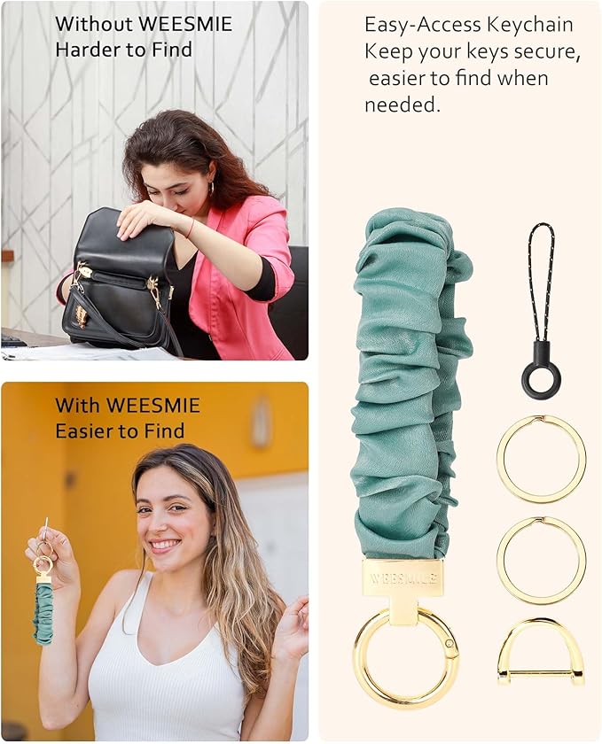 WEESMILE Keychain Wristlet, Stretchy Key Chain for Car Keys with D ring, Cute Scrunchie Wrist Bracelet for Women Men
