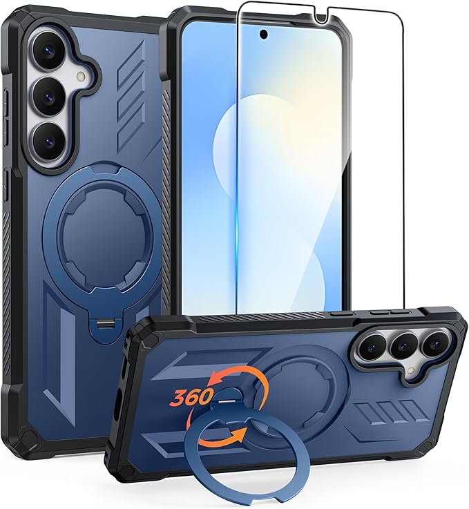 FNTCASE for Samsung Galaxy S25-FE Case: with [Magnetic Ring Kickstand] [Screen Protector] [Compatible with MagSafe] [Military-Grade Drop Protection] Heavy Duty Full Body Protective Phone Cover Blue