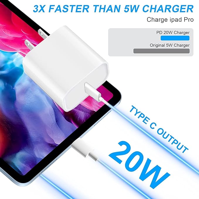 USB C iPad Fast Charger for iPad Pro 13/12.9/11 in 2025/2024/2022/2021/2020/2018,iPad Air 4th/5th Gen,Mini 6th/A17 Pro,iPad 10/A16,20W Wall Fast Charger Block with Extra Long 10FT USB C to C Cable