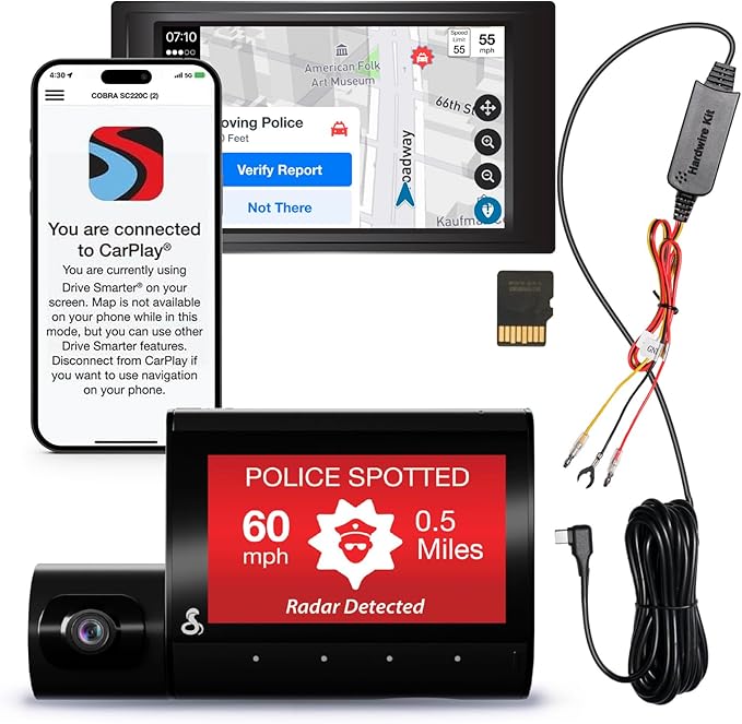 Cobra SC 220C Smart Dash Cam + Cobra 2.5A Micro USB Adapter Hardwire Kit