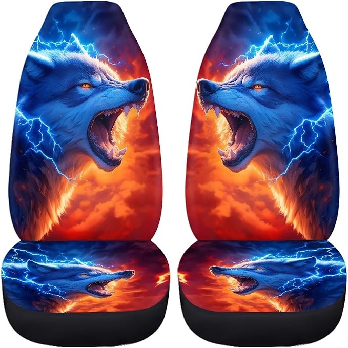 Fashion Wolf Car Front Seat Covers Elastic Fabrics Universal Front Seat Cover Removable Automotive Accessories Easy Installation Suitable for Cars SUV