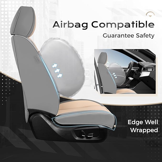 Coverado Seat Covers, Car Seat Covers Front Seats, Leather Seat Covers for Cars, Car Seat Protector Waterproof, Gray Car Seat Cushion, Front Carseat Cover Universal Fit for Most Cars Beige