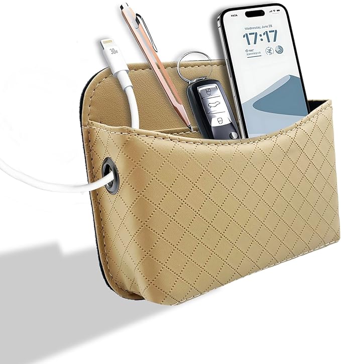 Car Door Organizer, PU Leather Storage Pouch with Strong Sticky Back for Phone, Keys - Fits Car Seat Side Pocket & Console Gap, Universal Car Accessories - Beige