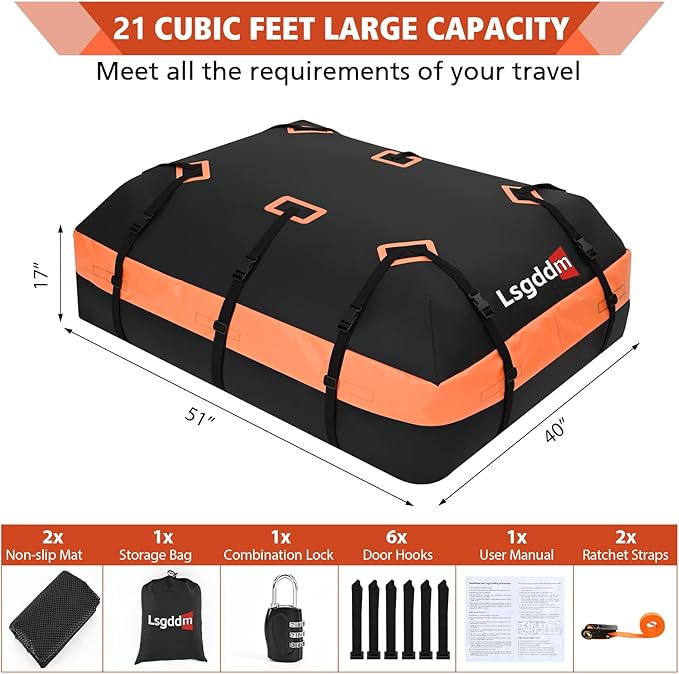 21 Cubic Ft Rooftop Cargo Carrier, Waterproof Car Roof Bag for Vehicles with or Without Rack, Soft Roof Top Luggage Bag for Travel, Camping, Moving(Soft car roof Bag, 21 Cubic feet)
