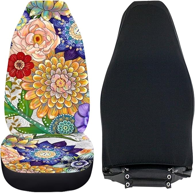 Boho Mandala Flowers Print Car Front Seat Cover Set of 2, Auto Bucket Seats Protector Universal Car Accessories Interior Decor for Women Men