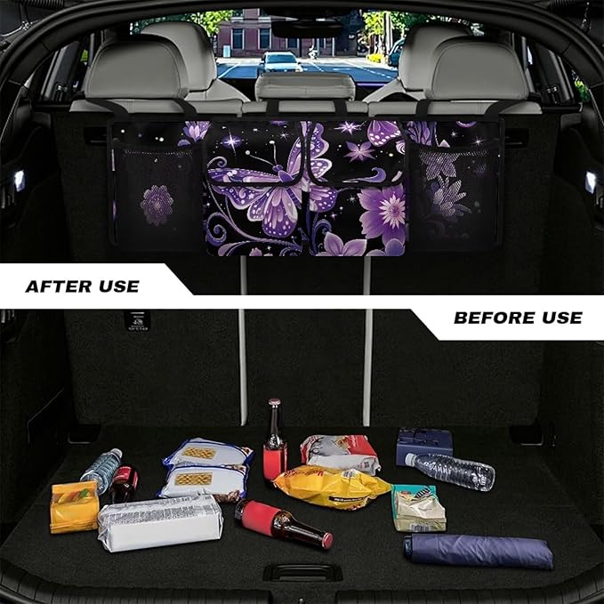 Hanging Car Trunk Organizer with 4 Pockets Purple Butterfly Auto Back Seat Storage Bag Auto Interior Accessories for Sedans SUV MPV Trucks Jeep Pickup