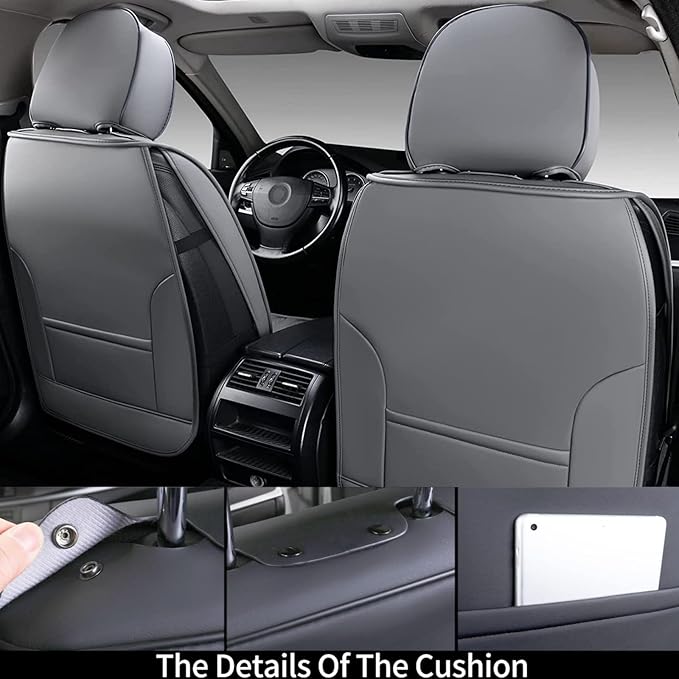 Coverado Front Seat Covers, Waterproof Nappa Leather Car Seat Cover, Sideless Car Seat Covers Front Seats, Driver Seat Cover, Car Seat Protector Universal Fit for Most Sedans SUV Truck, Grey